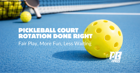 Yellow pickleball with text overlay about fair court rotation and equal play time from PB Haus blog.
