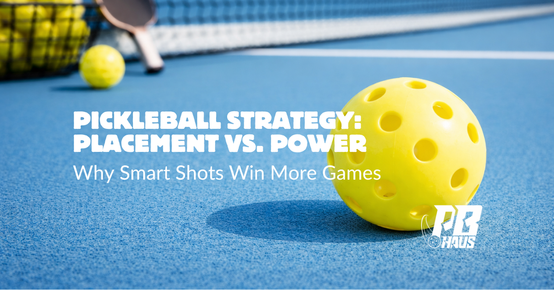Yellow pickleball with overlay text about strategy, comparing placement versus power in pickleball.