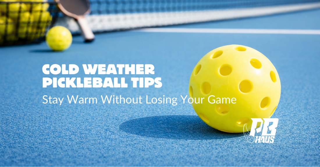 Yellow pickleball on blue background with overlay text about cold weather pickleball apparel and staying warm while playing.