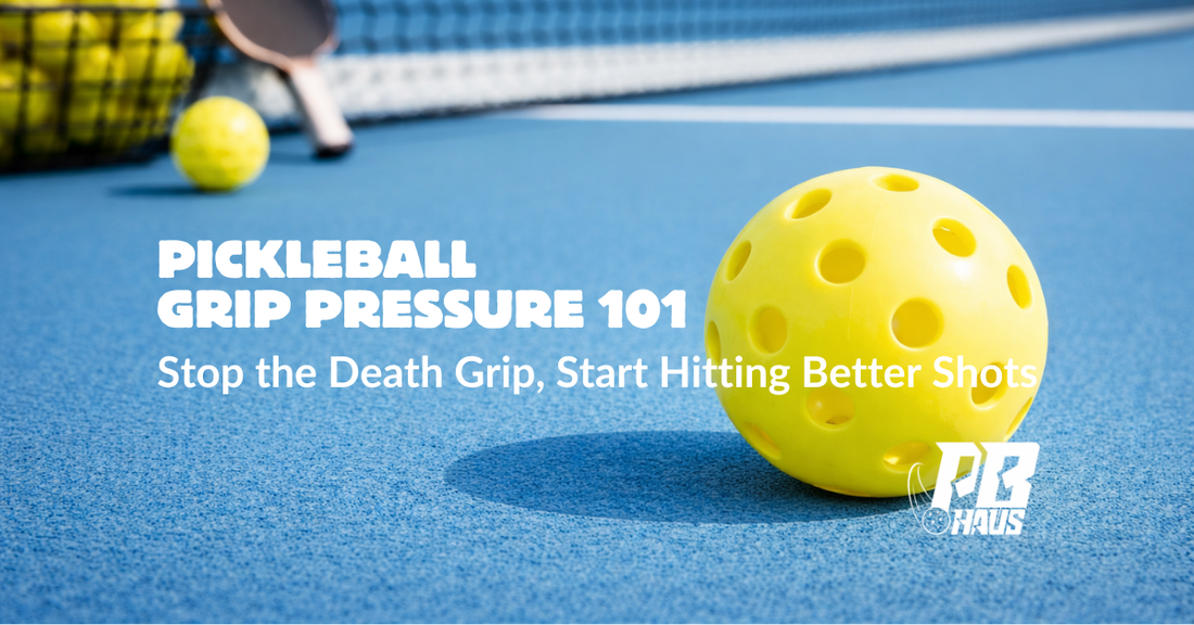 Pickleball strategy image showing yellow pickleball and tips on reducing grip pressure to improve paddle control and shot accuracy.